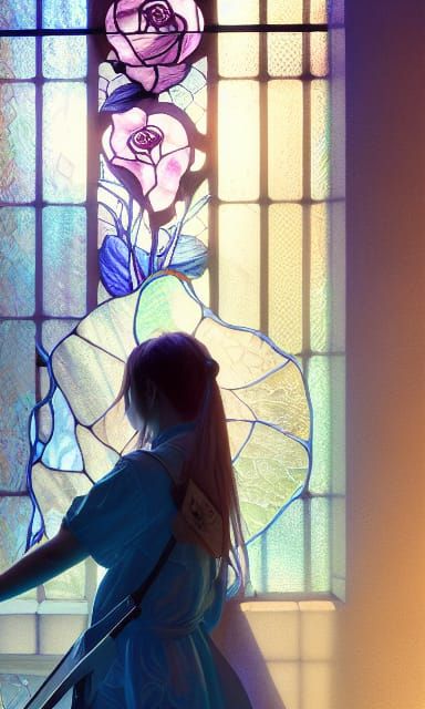 the shot of a girl near a stained glass window of a broken a...