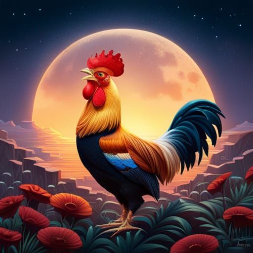 Rooster crowing under the moon  by @undefined