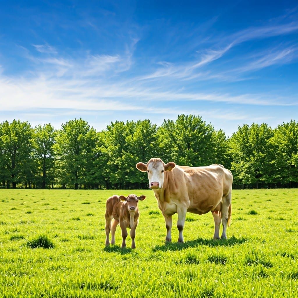 Serene Cow and Calf in a Vibrant Green Meadow