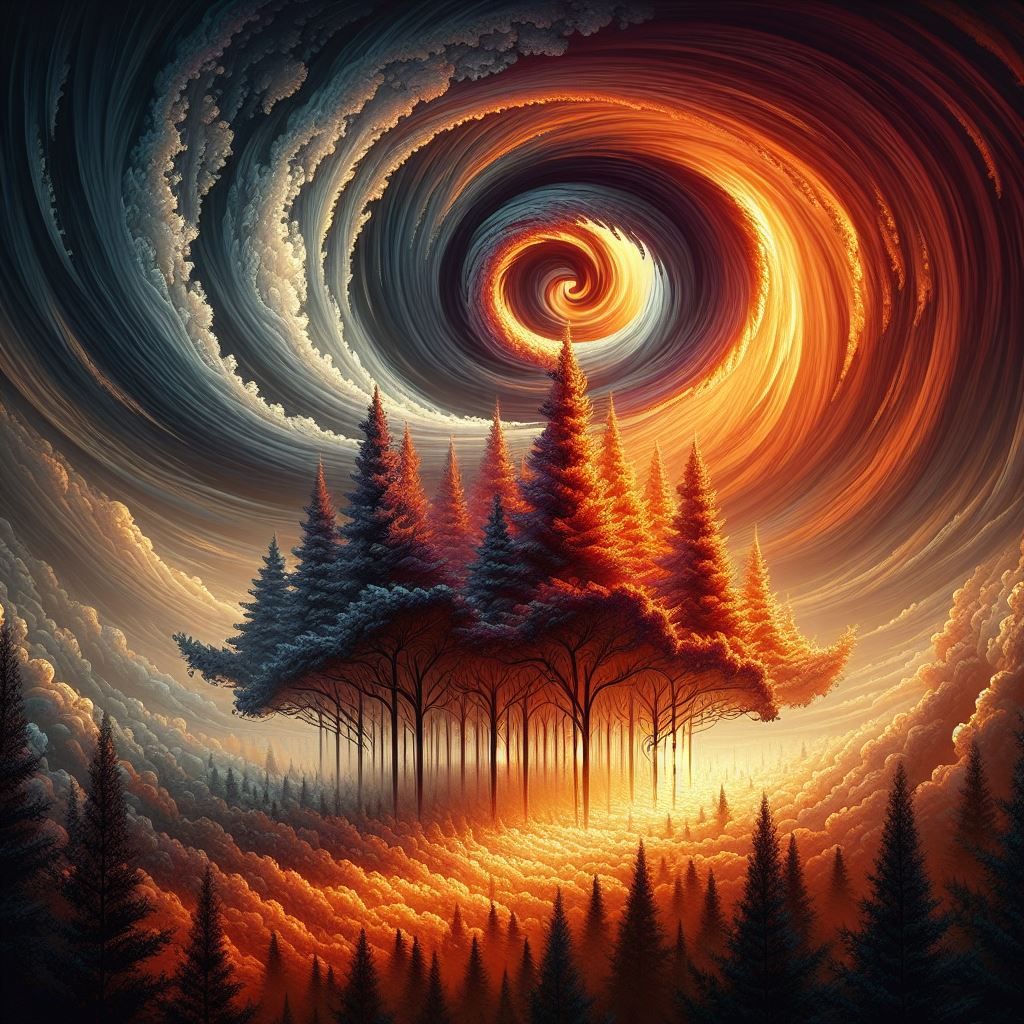 Trees in a tornado made out of flames