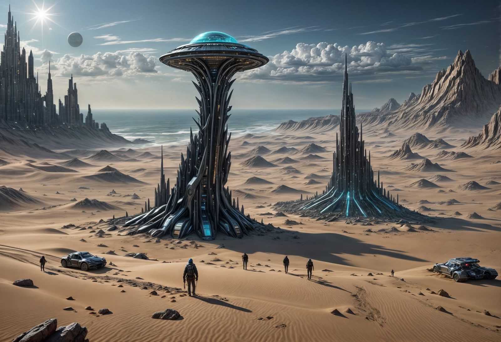 The image depicts a futuristic scene with a large, circular building in the middle of a desert-like environment. The bui...