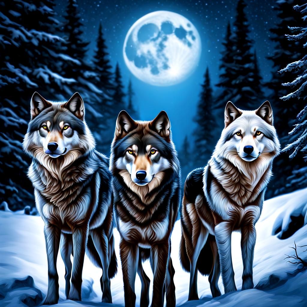 Muscular Wolf pack, deep blue eyes, monochromatic color fur,...