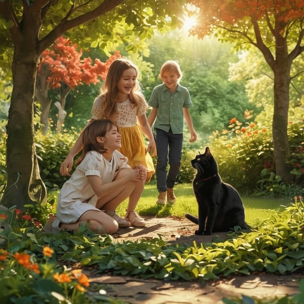 Happy Family and Cat in Lush Garden