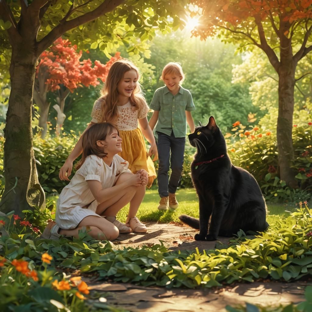 Happy Family and Cat in Lush Garden