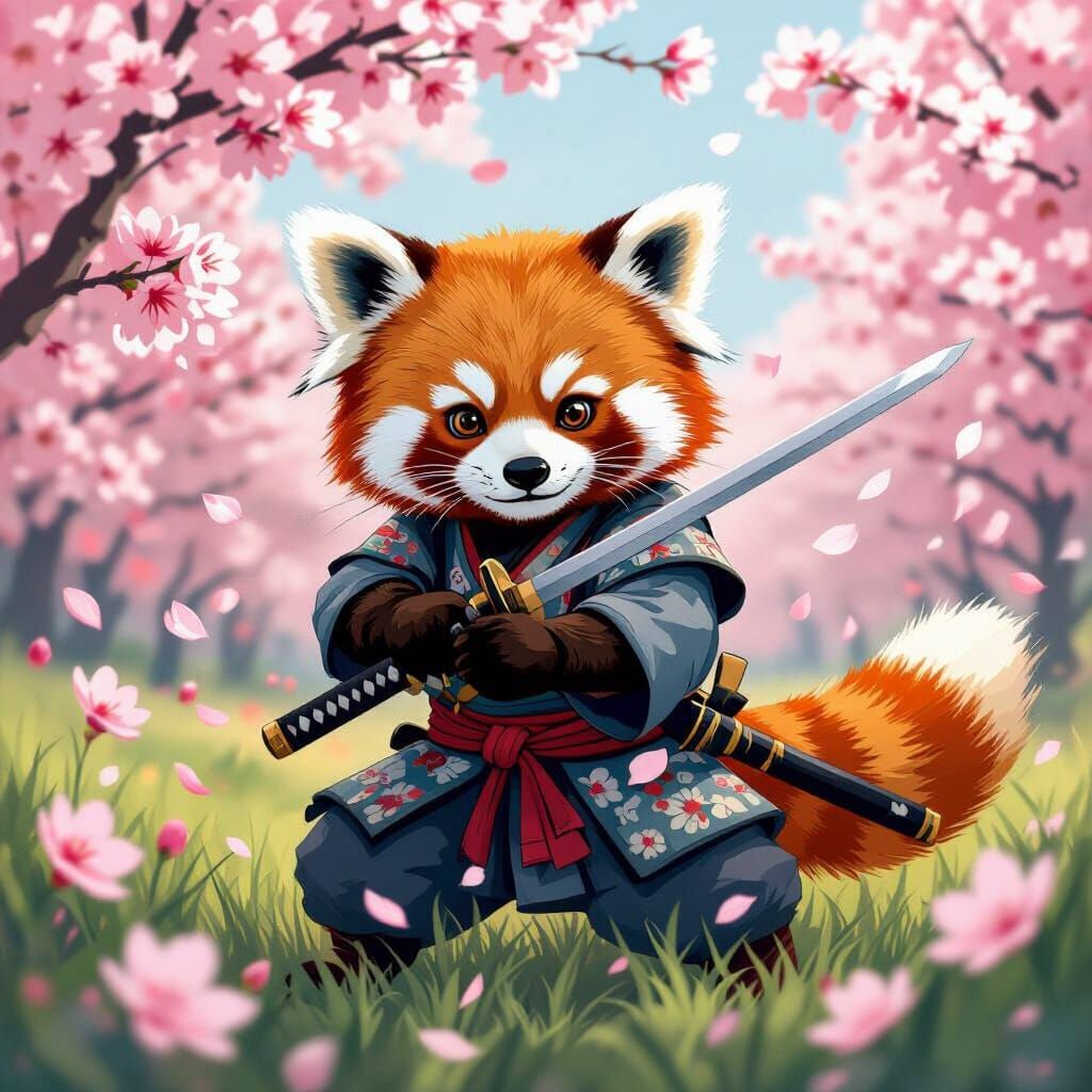 A mischievous red panda, dressed as a tiny samurai warrior, wields a miniature katana amidst a field of blooming cherry blossoms. A gentle b...