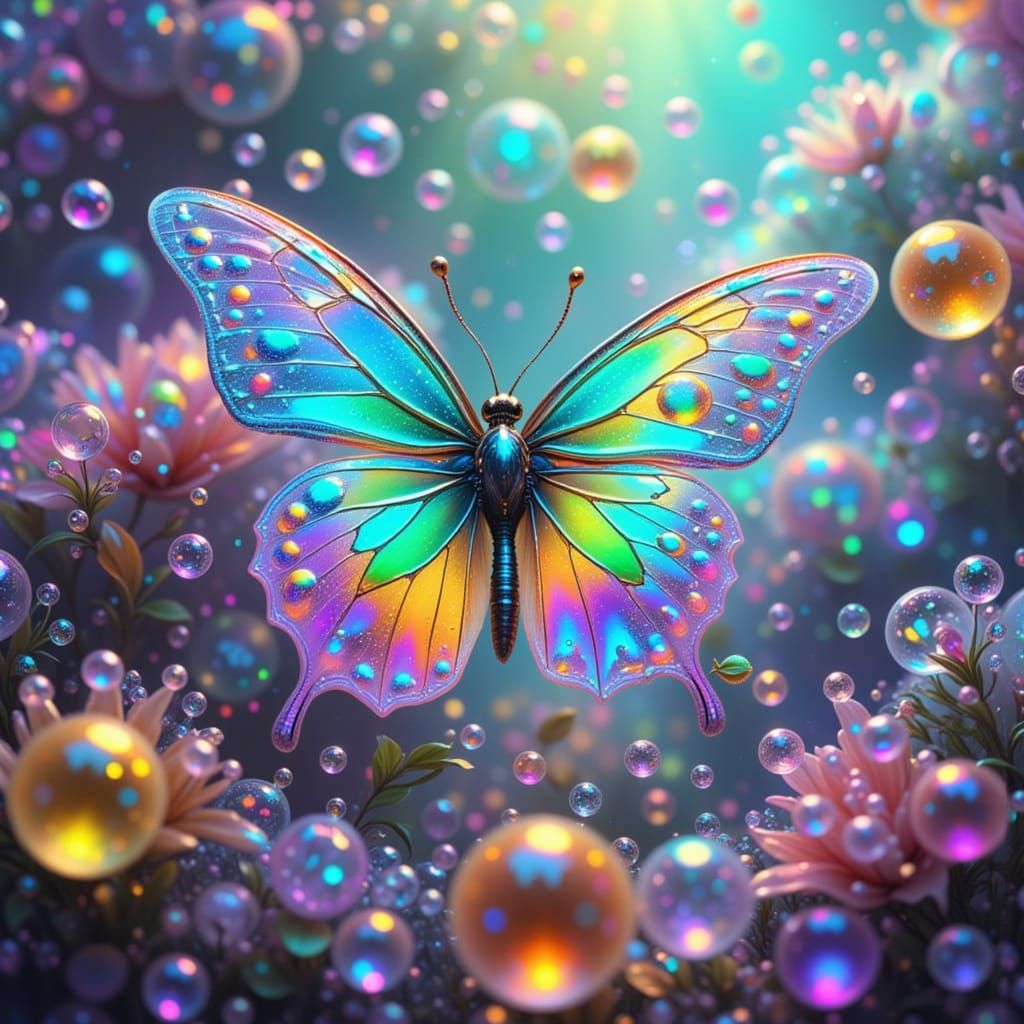 million bubbles, a cute butterfly in the forest, Glowing and shimmering landscape of bubbles trees <lora:Zeste-Citron Bubble1:1.0>