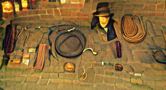 An excellent bullwhip, a leather jacket, a fedora, four food...