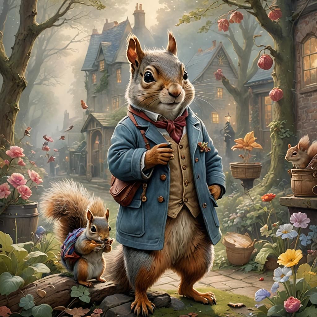 Squirrel Nutkin and son, in the style of Beatrix Potter   by @GeekWorldMinion