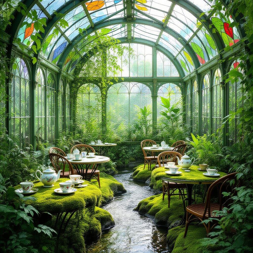 A whimsical, overgrown greenhouse café where bioluminescent flora intertwines with delicate teacups and saucers. Sunlight filters through st...