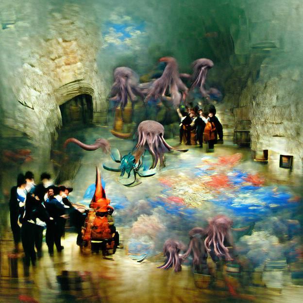 Wizards surround an octopus in a dungeon