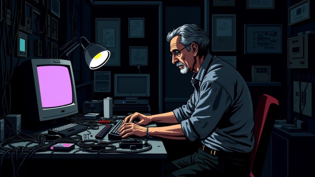 <lora:Retro VG Pixel Art:1.0> A 50   year old grey haired man siting at a desk with a vintage computer, CRT monitor, wires, lights, floppy d...