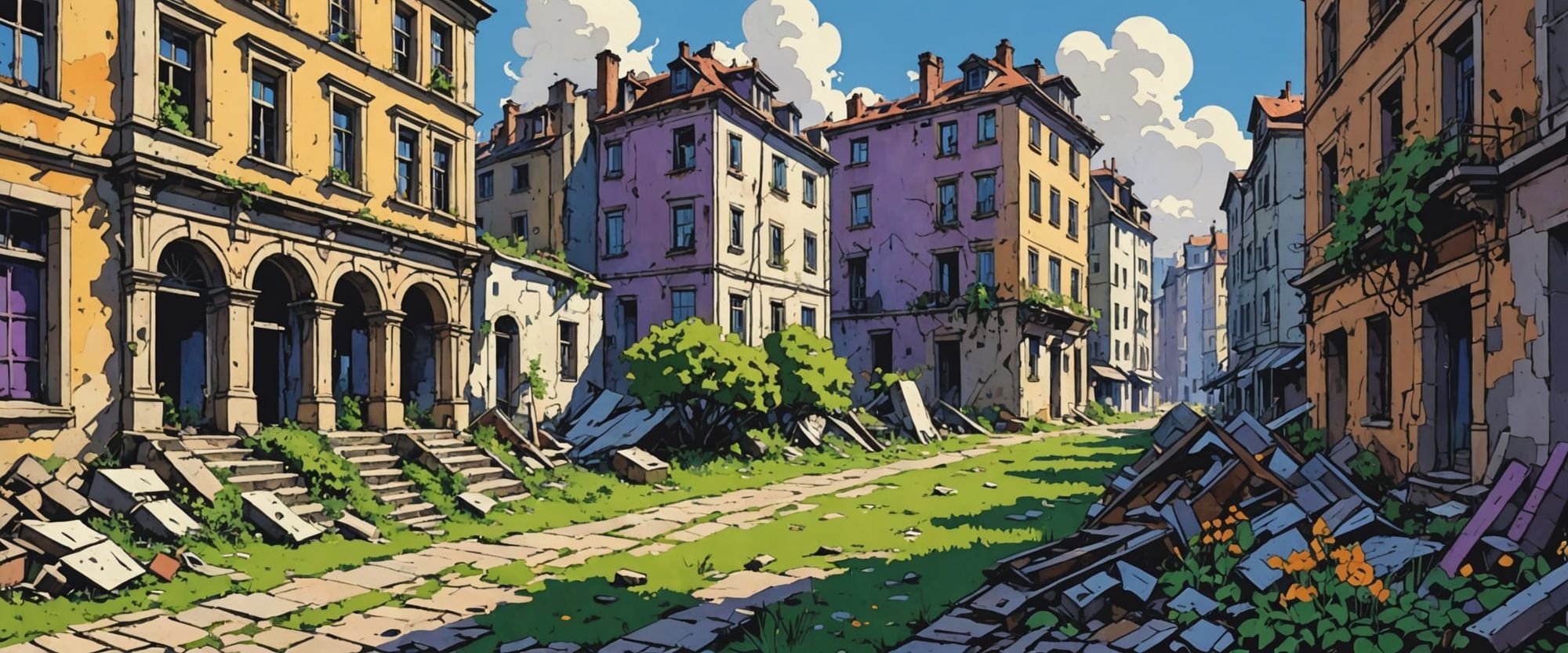 ruins of a modern city, rubbish, overgrow skyscrapers, vines, plants, trees, flowers, deers, abandoned buildings, bright clear sky, white, i...