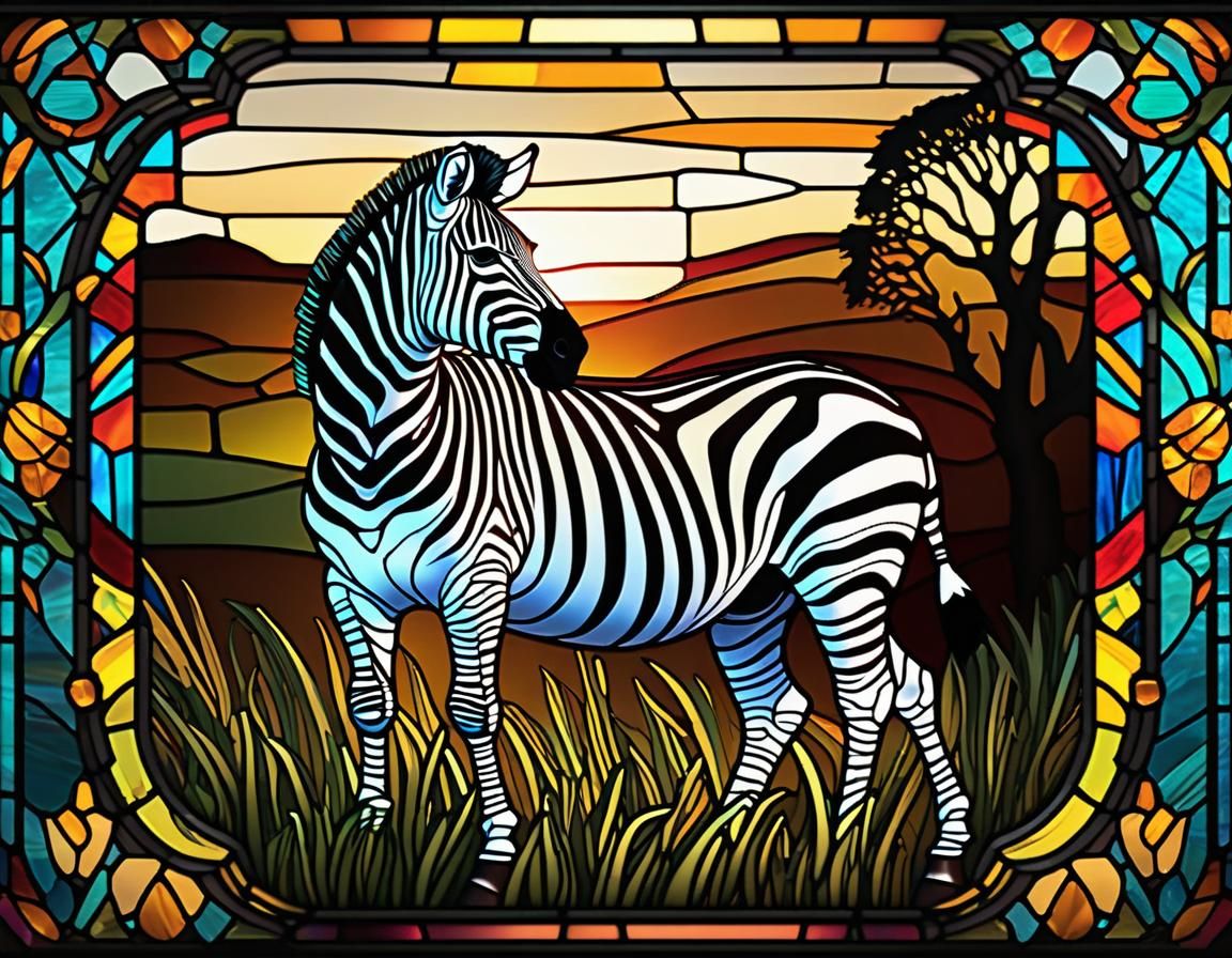 Stained glass grazing zebra