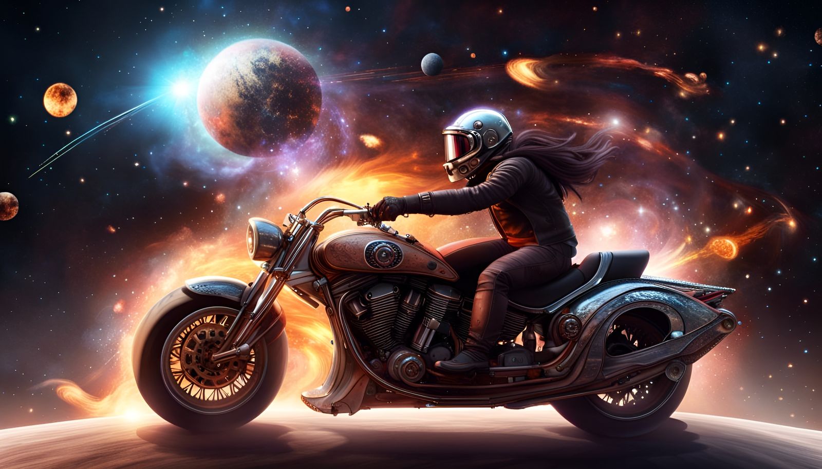 Photorealistic motorcycle writing the cosmos with a super nova exploding behind the demon driving it, ...  by @You Kids Get