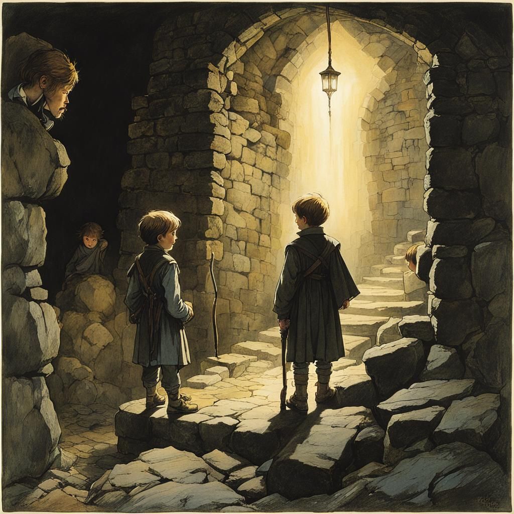 The siblings explore an old castle dungeon with flashlights,...