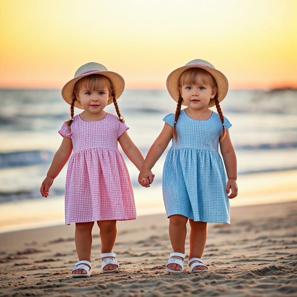 Sweet Toddler Duo Strolls Along Sunset Beach