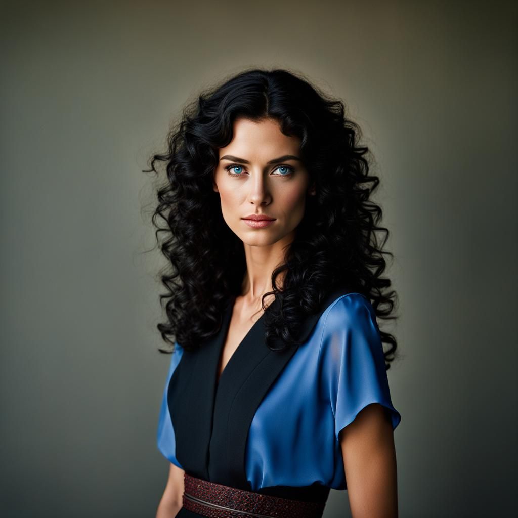blue eyes women with black long curly hair with very impresive face, slim  body in plain dress with skirt show entire body - AI Generated Artwork - NightCafe  Creator