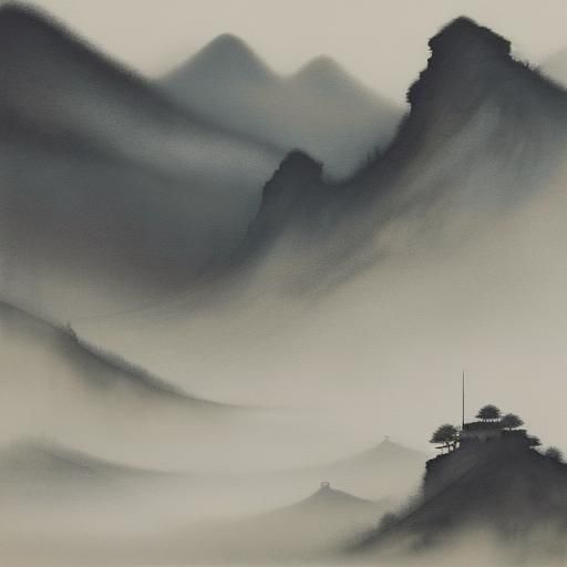 Misty Mountain Swordsman in Chinese Ink Painting