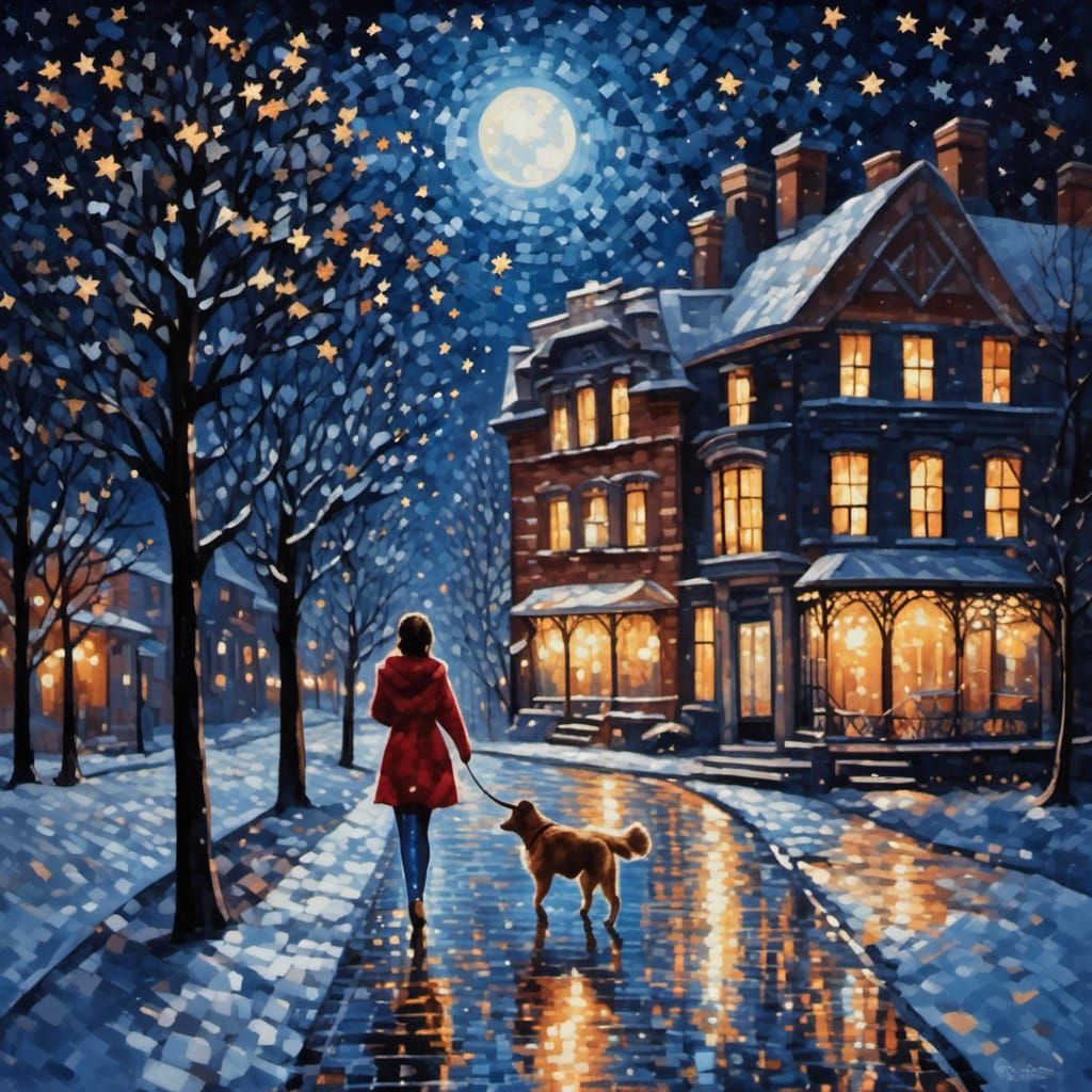 a woman walking her dog at midnight <lora:Glitter and Diamonds:1.0>
