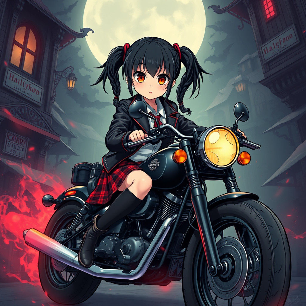 Anime Schoolgirl Biker Gang Leader on Motorcycle