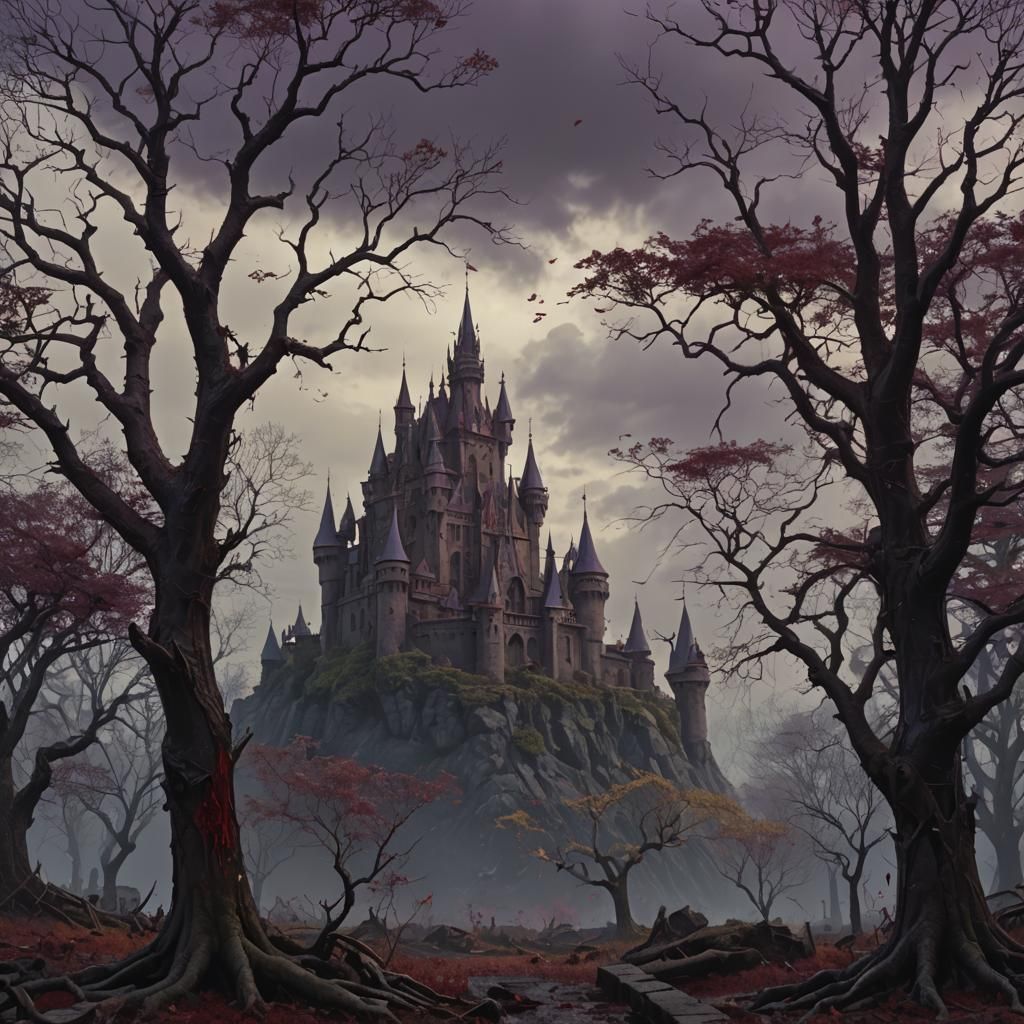 gloomy trees with a castle in the distance