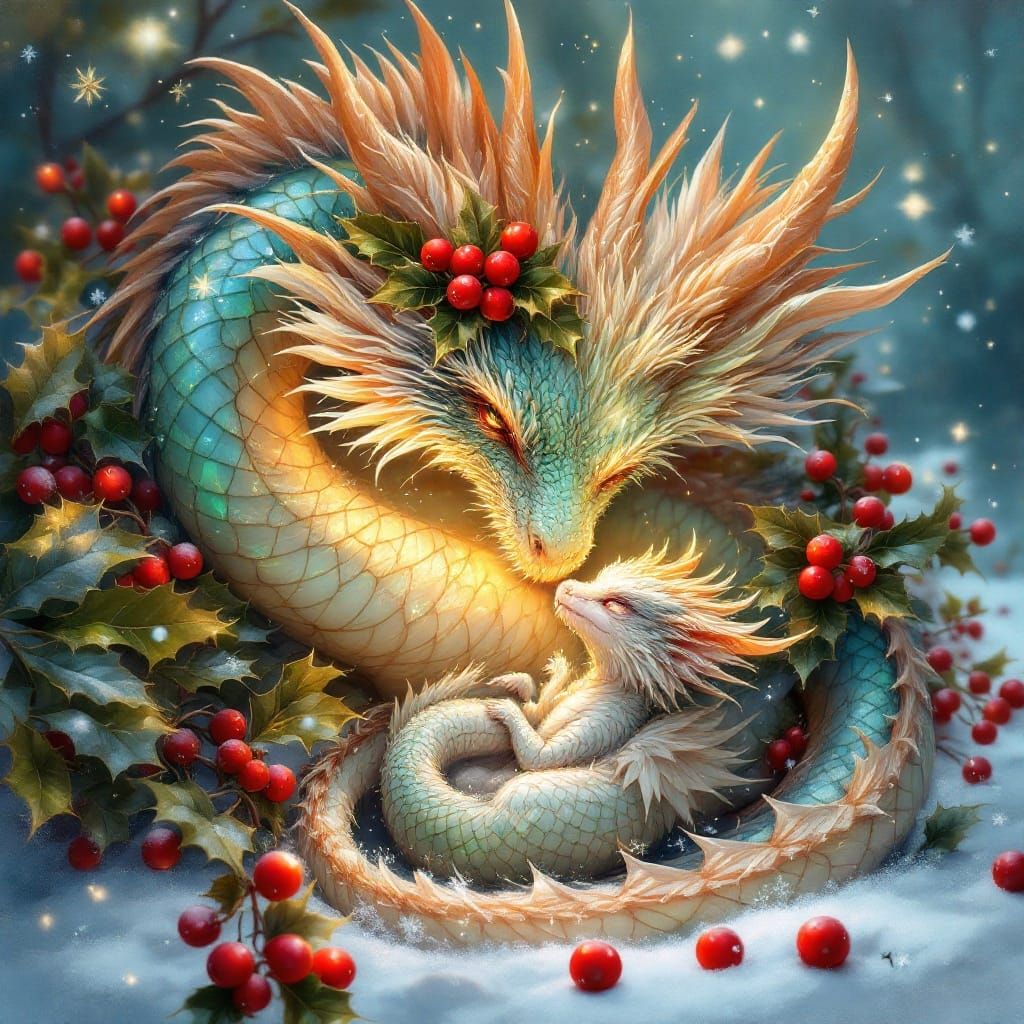 A mother Christmas dragon with her baby  by @BlueDragonStarWoman
