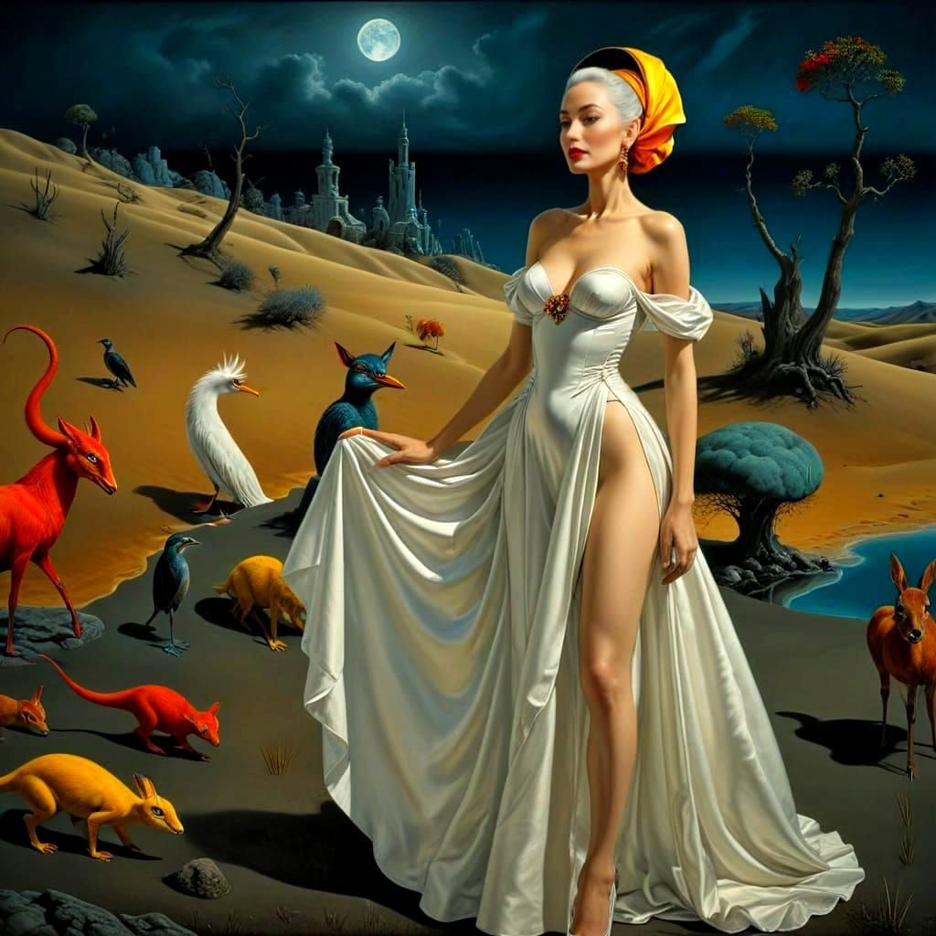 Elegant Mature Lady in Vibrant Surreal Landscape