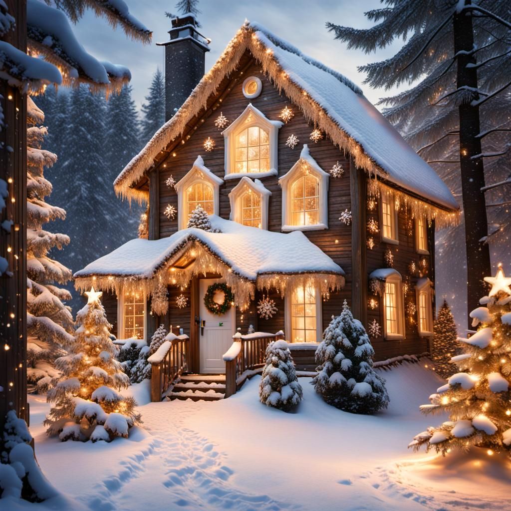 beautiful wooden house within snow and golden lights, Christmas mood;