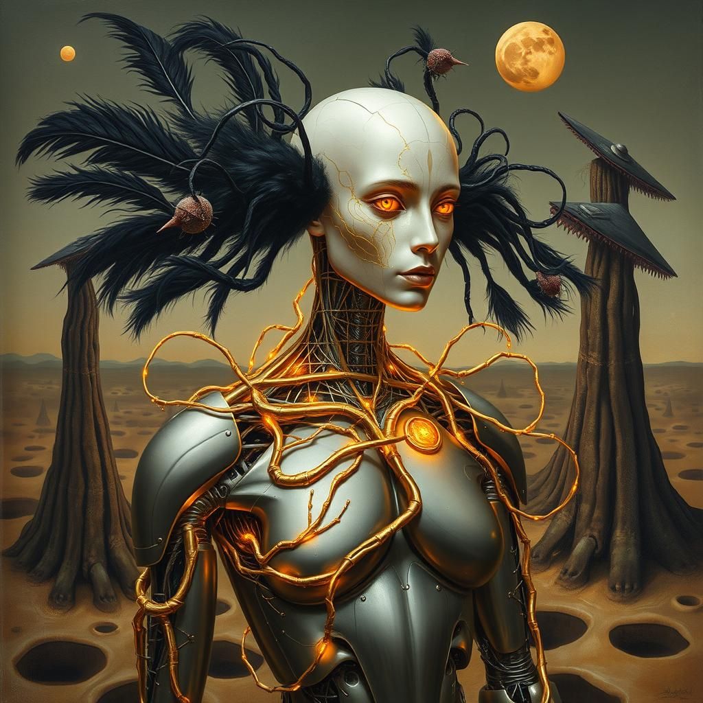 A cybernetic figure with golden vines wrapping around its li...