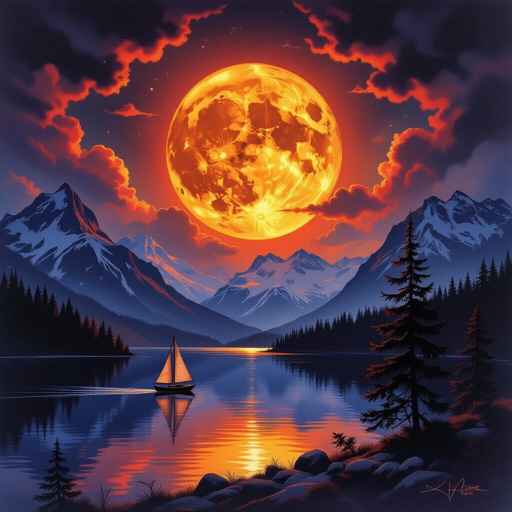 Brief description of the image
The image shows a dramatic and mesmerizing night landscape. In the center, a huge full moon of fiery orange-r...