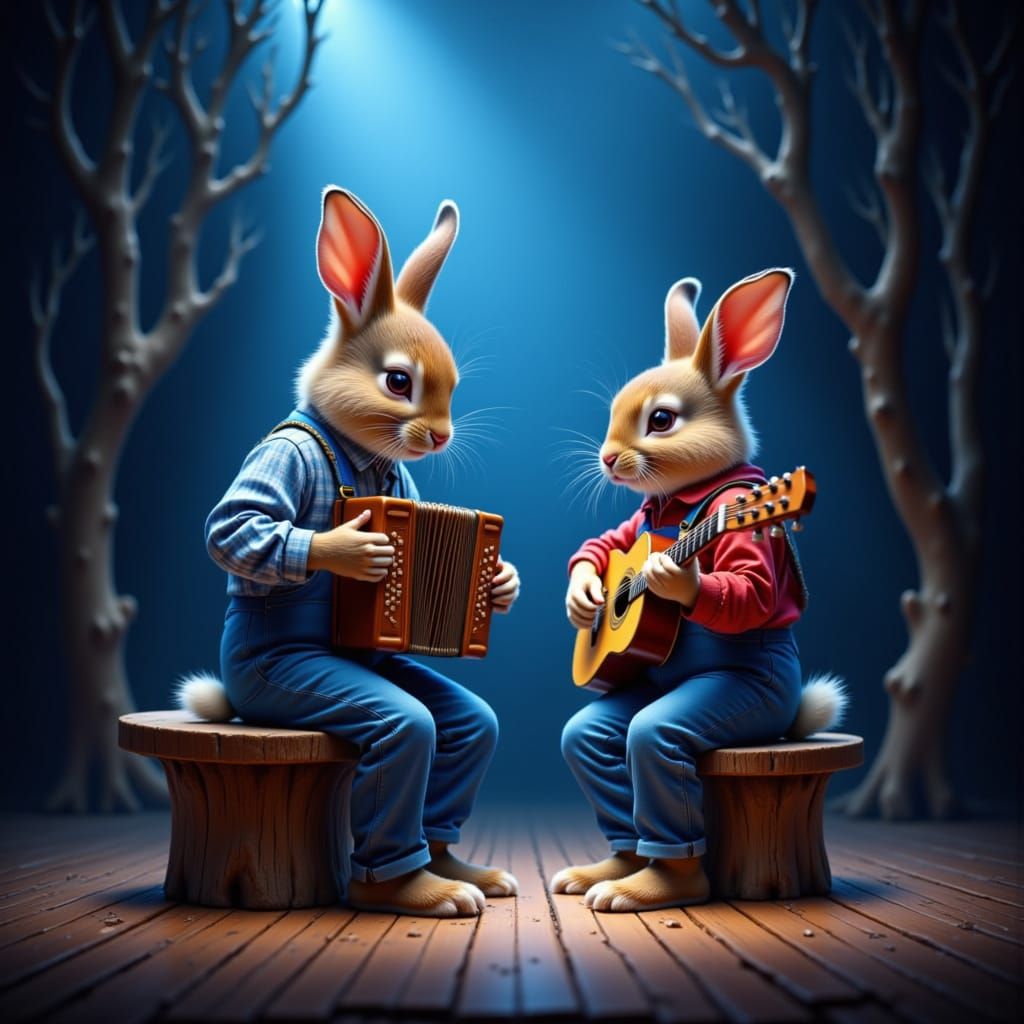 <lora:The LightBlue of Red:1.0> A rabbit dressed in blue overalls and a blue plaid shirt sits on a round wooden bench and plays his accordio...