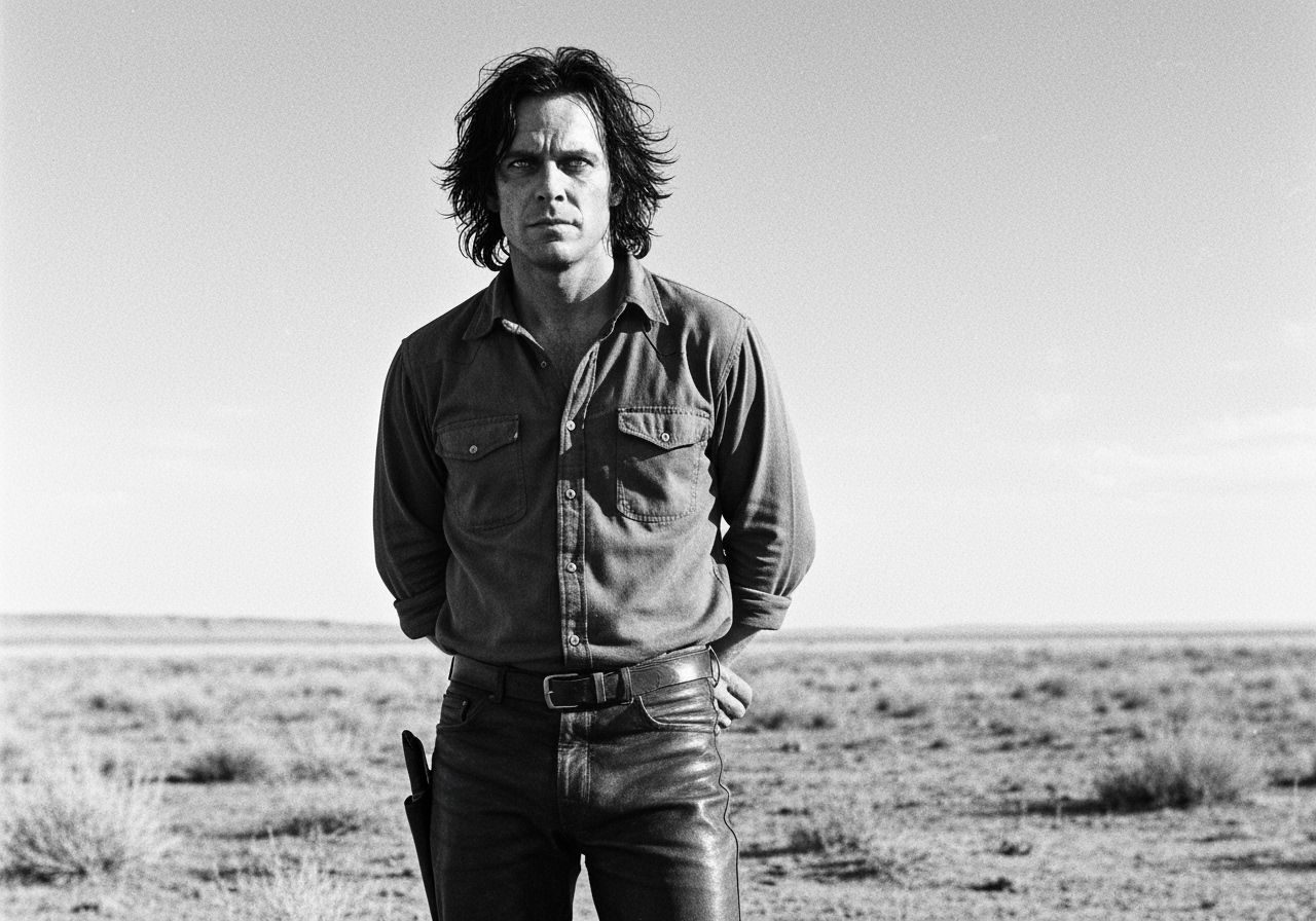 Anton Chigurh in Desolate Prairie, Black and White