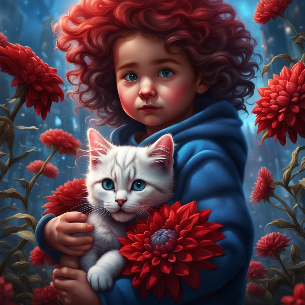 A blue-red dahlia in the hair of a baby girl with a kitten i...