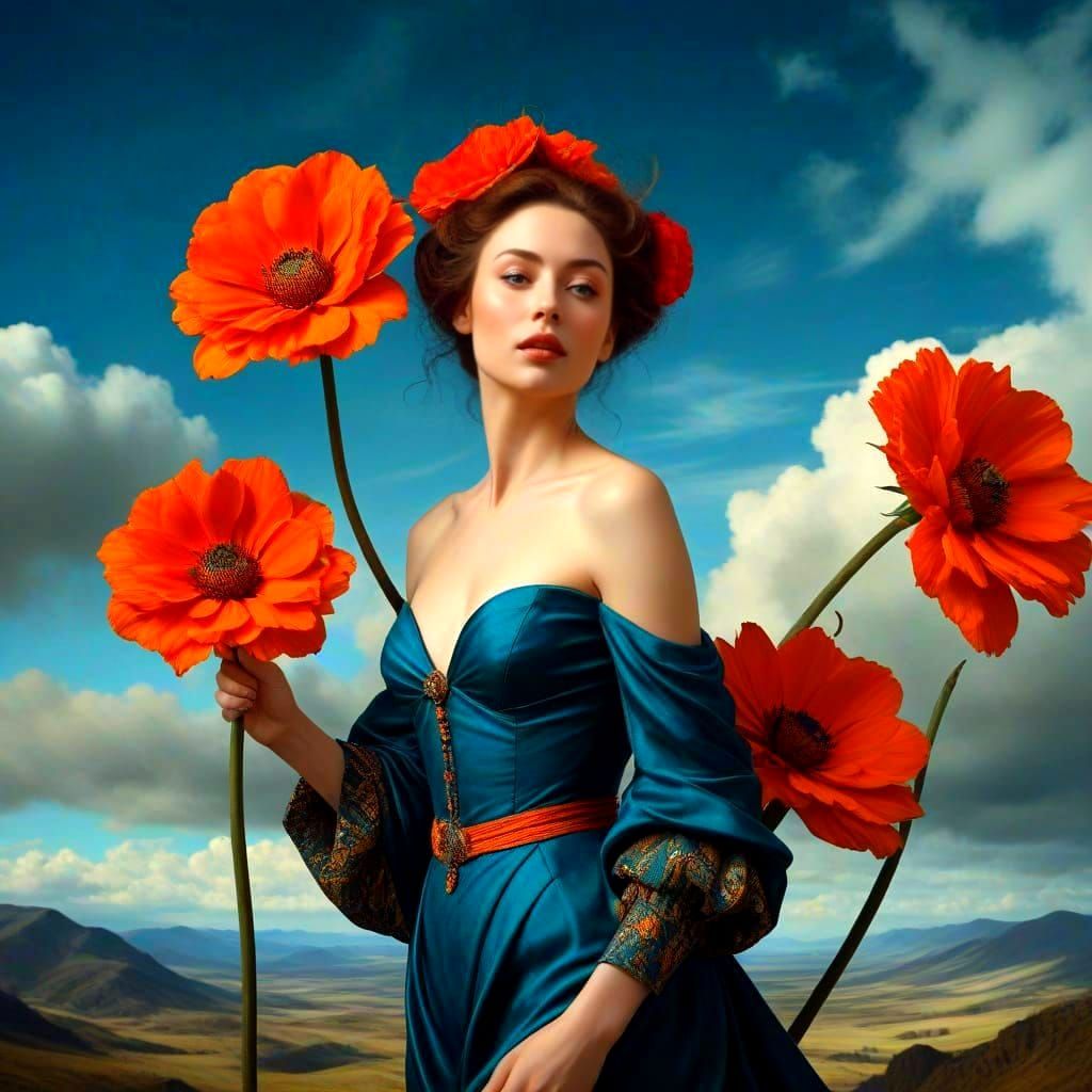 Dynamic Portrait in a Surreal Fantasy Landscape