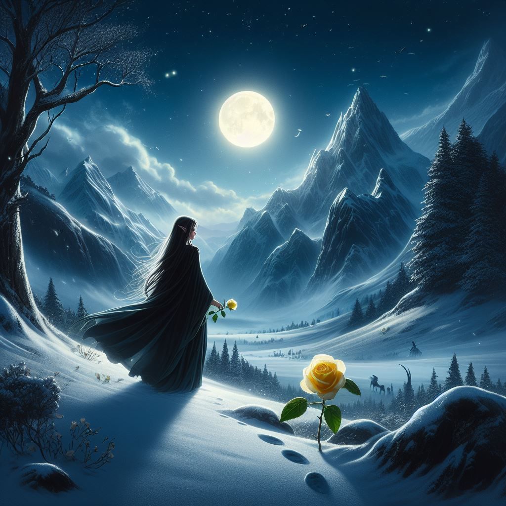 a elven woman walking through a moonlit valley with mountains on either side. a full moon is in the sky and snow covers ...