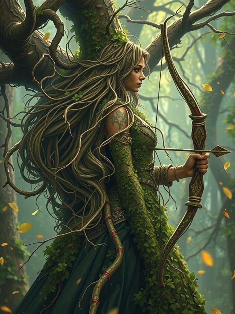A beautiful 50 year old woman depicted as a tree sprite with a bow and arrow. Her body is covered by green moss and vegetation. Her long bro...