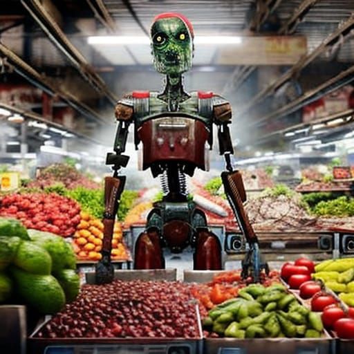Hieronymus Bosch style: Humanoid robotic cyborgs made from r...