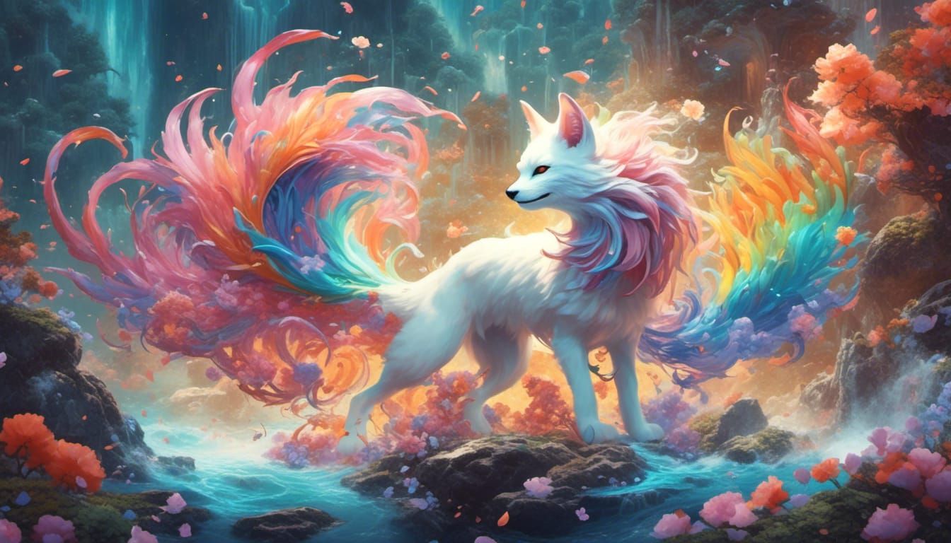 Beautiful Magical  6 tailed kitsune, with rainbow tails, whi...