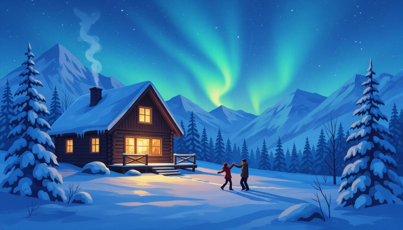 A cozy cabin in snow-covered mountains under northern lights, warm glowing windows, pine trees dusted ...  by @Zee