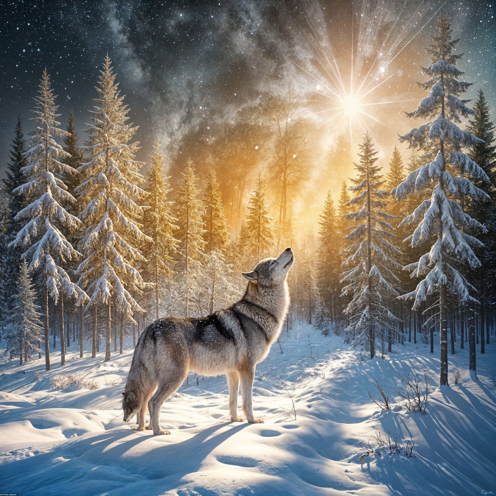 snowy forest a wolf looking at the north star  by @Tilted25