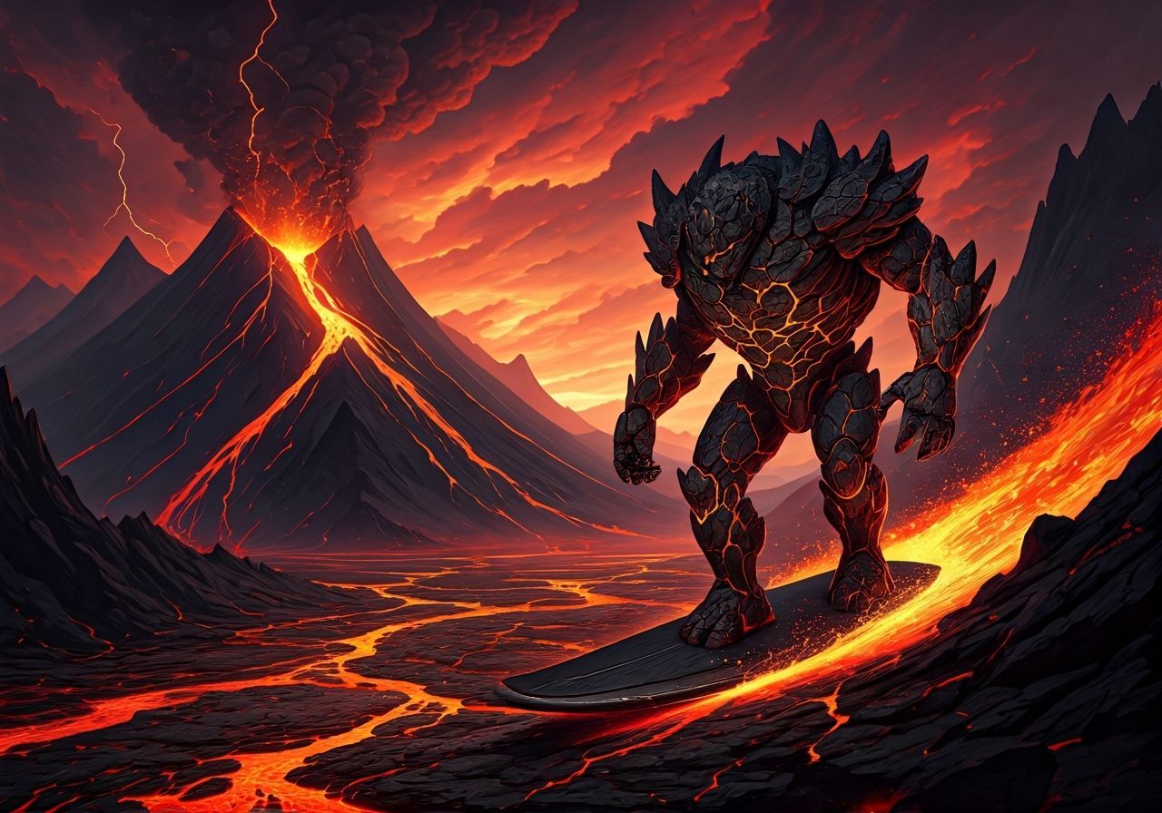Hyper-detailed fantasy illustration. A hyperdetailed lava golem with cracking lava pattern stone skin is surfing on a red lava river. Dynami...