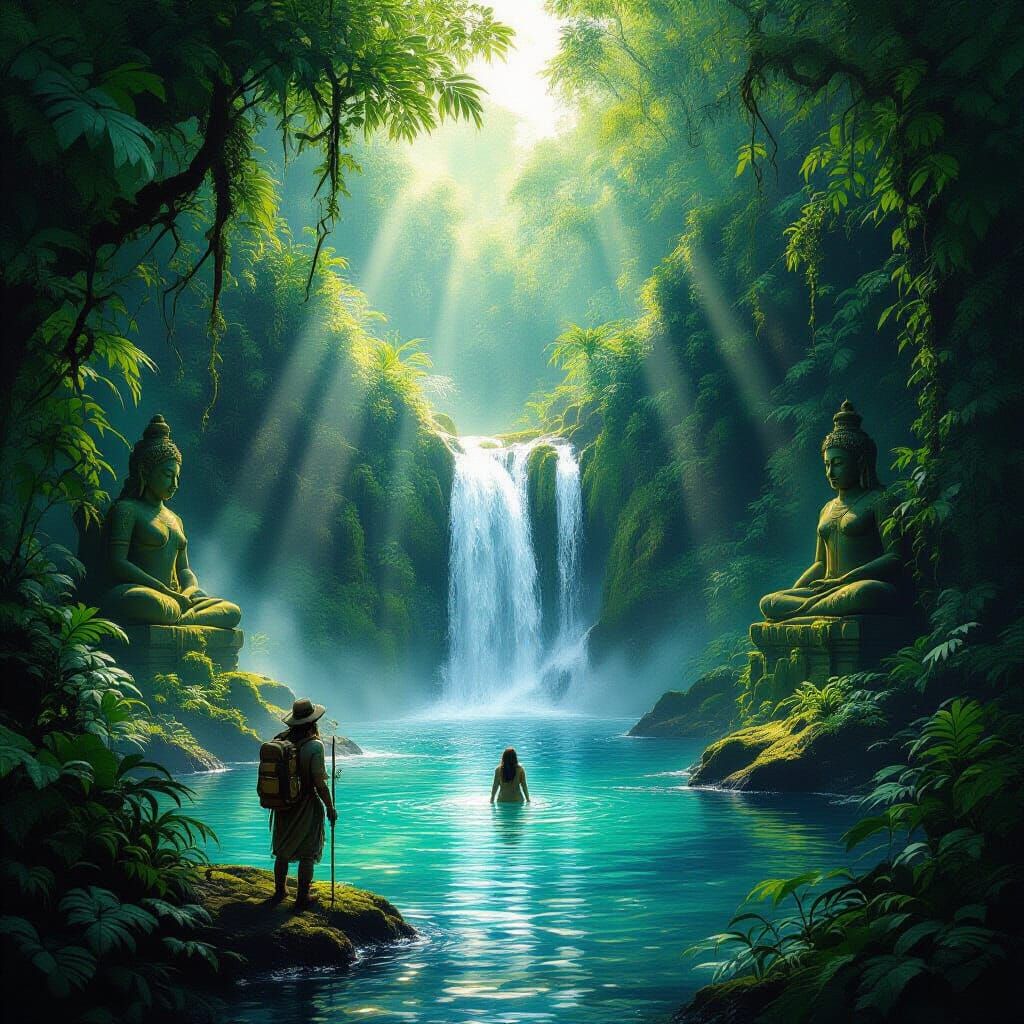 A lone explorer discovers a hidden waterfall cascading into a crystal-clear pool within a lush, overgrown jungle. 