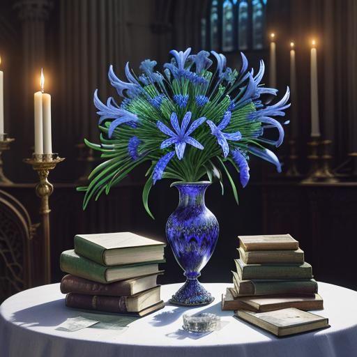 Agapanthus flowers in pretty vase with books