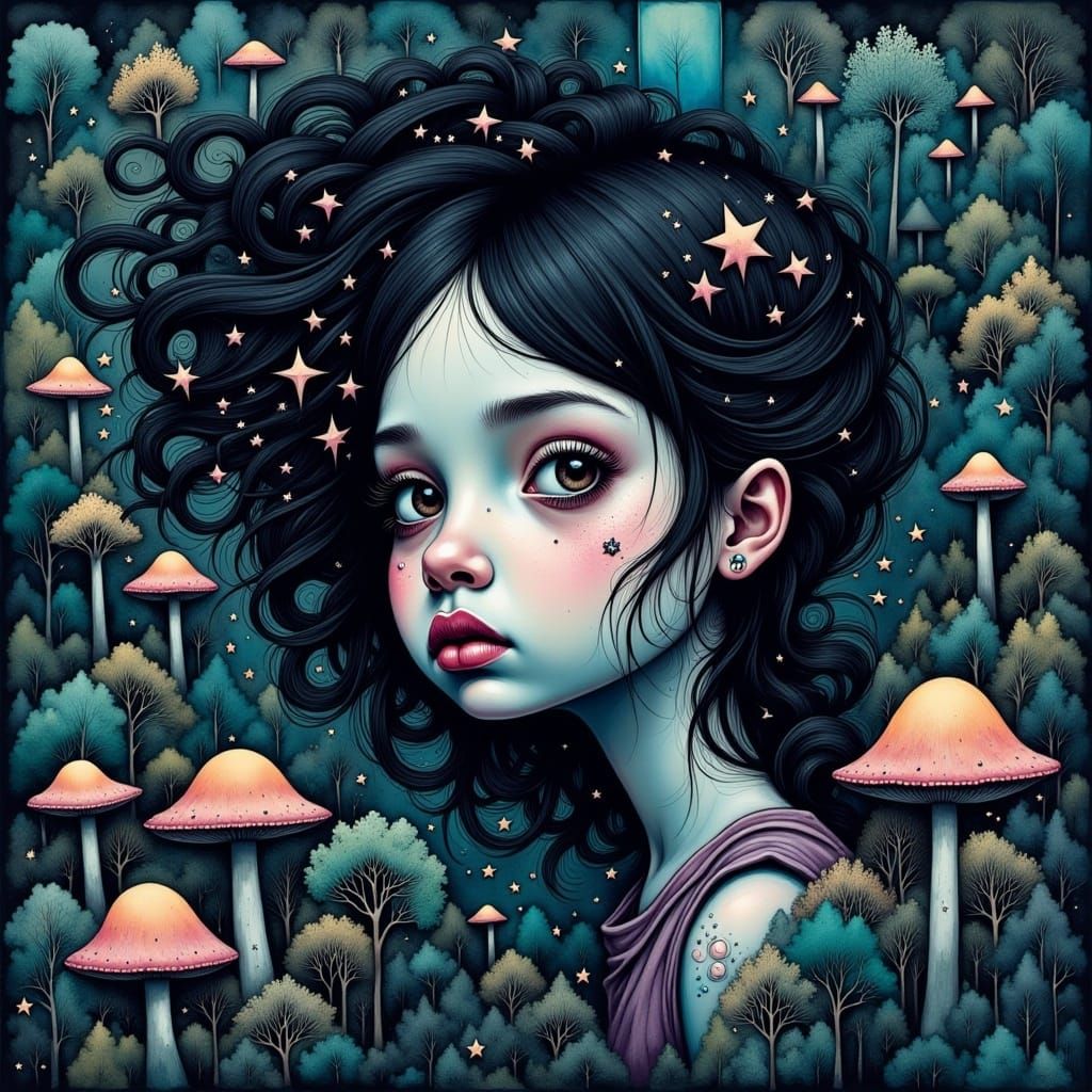 <lora:moody flux:1.0> Shawn Coss line art meets Greg Simkins' dreamscapes. Close up portrait of a girl lost in thought in a mystical dark fo...