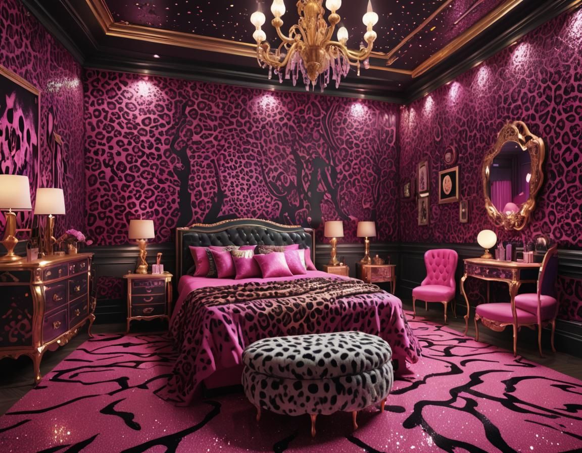 leopard print dark-pink glitter rhinestone tacky glam theme room