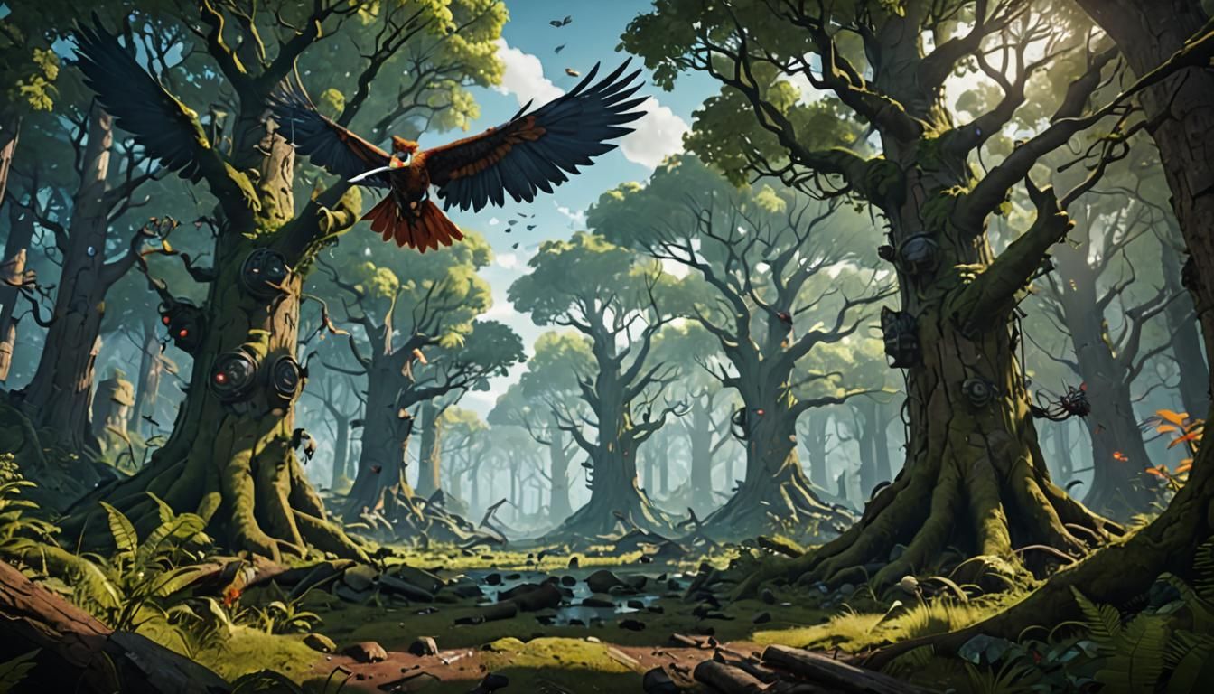 Forest matte painting. In the style of a fighting game. Full details