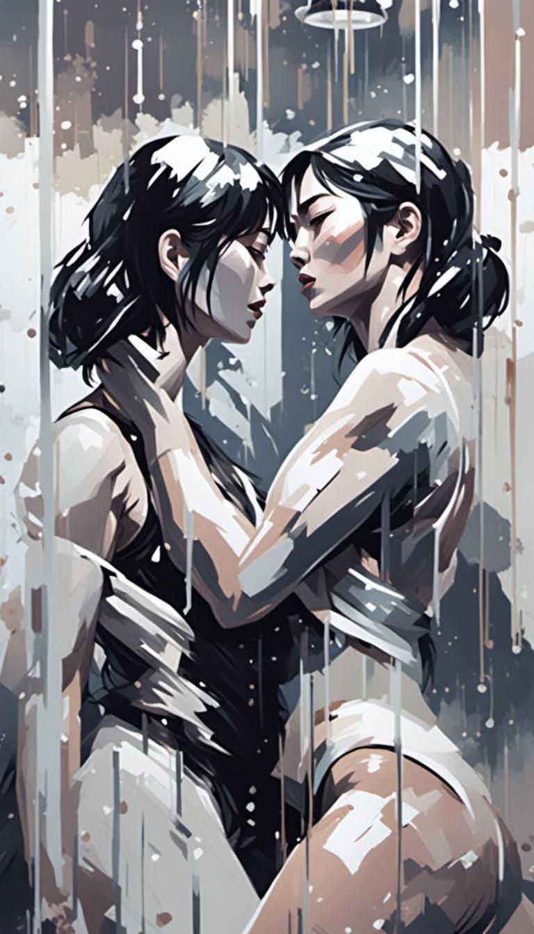modern Balak And White Action Painting of a Lesbian lovers s...