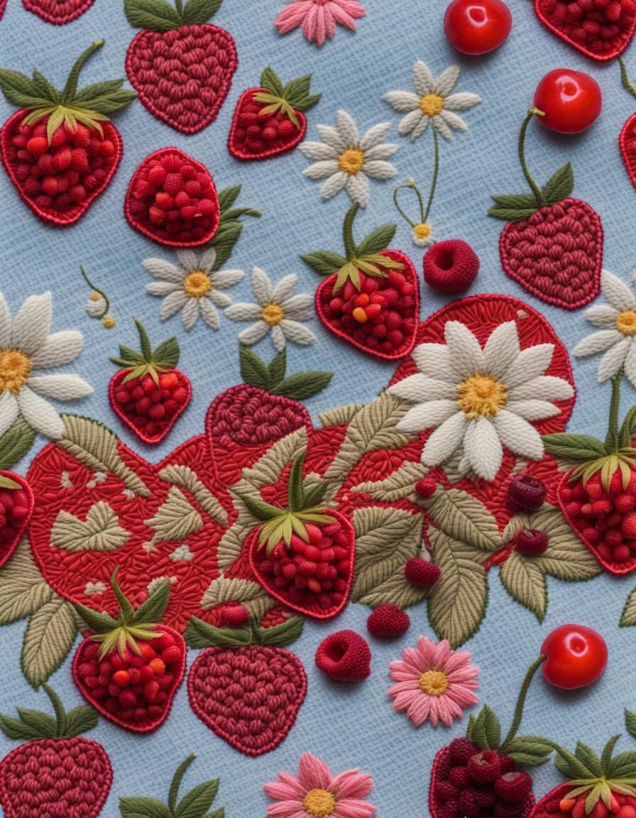 Strawberries, Raspberries and burst of Cherries, surrounded,...