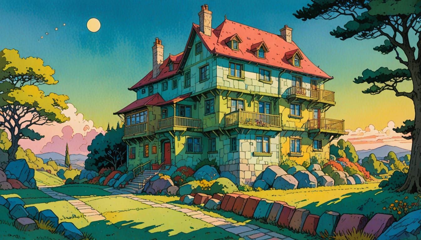 Harry & Ginny's House, house made of colorful large blocks, daytime, late afternoon sunlight, clear beautiful sky, colorful, bright, cheerfu...