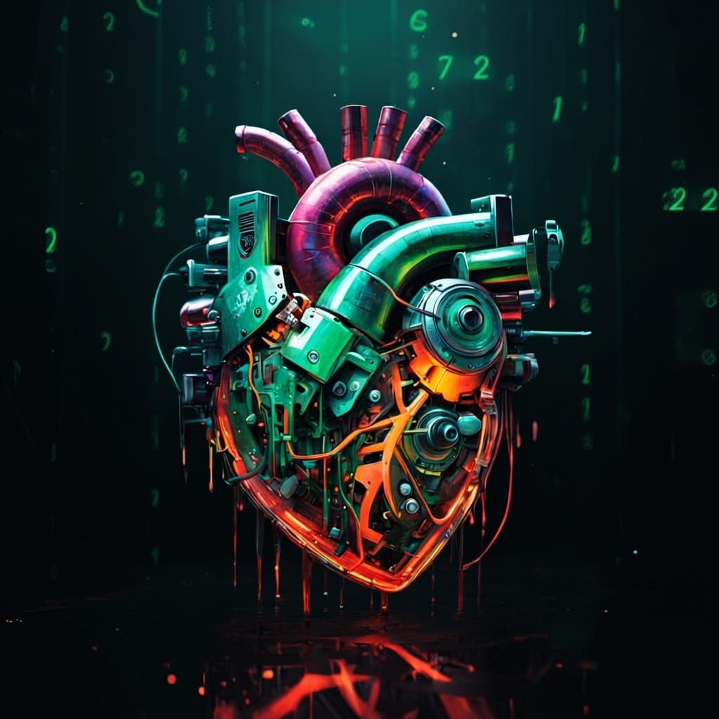 A mechanical heart floats in a void of pure data.